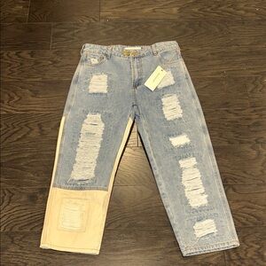 Women's Relaxed Fit Distressed Jeans in Blue and Tan